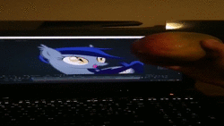 Size: 1280x720 | Tagged: safe, artist:stormxf3, oc, oc only, oc:echo, bat pony, human, pony, g4, animated, computer, eyes on the prize, fangs, female, food, hand, holding, irl, irl human, laptop computer, mango, offscreen character, open mouth, photo, slit pupils, smiling, sound, webm