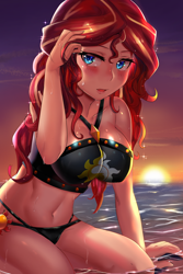 Size: 800x1200 | Tagged: safe, artist:tzc, sunset shimmer, human, equestria girls, equestria girls series, anime, backlighting, beach, beautiful, beautisexy, belly button, big breasts, bikini, bikini babe, bikini bottom, bikini top, black swimsuit, blushing, breasts, busty sunset shimmer, cleavage, clothes, cutie mark on clothes, cutie mark swimsuit, dripping, eyelashes, female, human coloration, humanized, jeweled swimsuit, looking at you, open mouth, outdoors, pun, sexy, sitting, skintight clothes, solo, stupid sexy sunset shimmer, summer sunset, sunset, swimsuit, tiny hand, visual pun, water, wet
