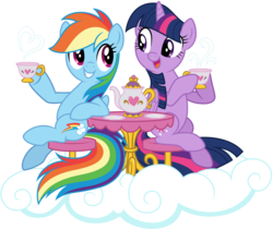 Size: 8000x6732 | Tagged: safe, artist:lahirien, rainbow dash, twilight sparkle, alicorn, pegasus, pony, g4, .ai available, absurd resolution, cloud, cup, cute, dashabetes, duo, female, folded wings, food, grin, looking at each other, looking at someone, mare, open mouth, open smile, seat, simple background, sitting, smiling, steam, stool, table, tea, tea party, teacup, teapot, transparent background, twiabetes, twilight sparkle (alicorn), vector, wings