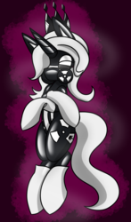 Size: 1126x1920 | Tagged: safe, artist:askhypnoswirl, oc, oc only, oc:doomie, pony, unicorn, abstract background, clothes, evening gloves, gas mask, gloves, horn, latex, latex suit, long gloves, mask, rubber drone, socks, unicorn oc