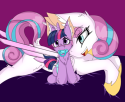 Size: 4590x3746 | Tagged: safe, artist:cuddlelamb, edit, editor:twilights-secret, princess flurry heart, twilight sparkle, alicorn, pony, g4, age progression, age regression, age swap, baby, baby pony, blushing, chest fluff, diaper, ear fluff, embarrassed, female, filly, foal, hoof fluff, hoof shoes, mare, pacifier, role reversal