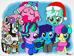 Size: 3300x2500 | Tagged: safe, artist:radiancebreaker, bon bon, lyra heartstrings, pinkie pie, starlight glimmer, sweetie belle, sweetie drops, oc, earth pony, pony, robot, robot pony, unicorn, g4, adorabon, bastion (overwatch), christmas, clothes, cute, diapinkes, diasweetes, earmuffs, female, glimmerbetes, glowing horn, hat, high res, holiday, hoodie, horn, lyrabetes, magic, mare, overwatch, ponk, santa hat, scarf, sweetie bot, telekinesis