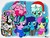 Size: 3300x2500 | Tagged: safe, artist:radiancebreaker, bon bon, lyra heartstrings, pinkie pie, starlight glimmer, sweetie belle, sweetie drops, oc, earth pony, pony, robot, robot pony, unicorn, g4, adorabon, bastion (overwatch), christmas, clothes, cute, diapinkes, diasweetes, earmuffs, female, glimmerbetes, glowing horn, hat, high res, holiday, hoodie, horn, lyrabetes, magic, mare, overwatch, ponk, santa hat, scarf, sweetie bot, telekinesis