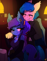 Size: 1280x1656 | Tagged: safe, artist:bbsartboutique, oc, oc:evening lily, oc:moonshot, bat pony, anthro, bat pony oc, blushing, clothes, commission, date, dress, eveshot, female, holding hands, jewelry, male, romantic, shipping, sitting, smiling, suit