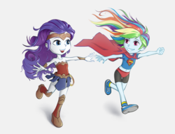 Size: 4600x3526 | Tagged: safe, artist:vyazinrei, rainbow dash, rarity, equestria girls, g4, armor, armor skirt, armpits, belly button, cape, child, clothes, compression shorts, cosplay, costume, cute, dashabetes, duo, female, jewelry, lasso, male, midriff, raribetes, rope, running, shoes, short shirt, skirt, sneakers, sports panties, superman, tiara, wedge heel, wonder woman, younger