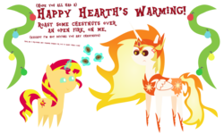 Size: 4500x2700 | Tagged: safe, artist:sketchmcreations, daybreaker, sunset shimmer, pony, g4, chestnuts, duo, fiery shimmer, fiery teacher and apprentice, happy hearth's warming, magic, merry christmas, pointy ponies, simple background, telekinesis, transparent background, walking campfire