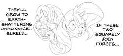 Size: 1996x914 | Tagged: safe, starlight glimmer, sunset shimmer, g4, drawthread, monochrome, simple background, white background