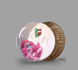 Size: 2313x2082 | Tagged: safe, artist:milkychocoberry, pinkie pie, earth pony, pony, g4, box, christmas, female, gray background, hat, high res, holiday, present, santa hat, simple background, smiling, snow globe, solo, sphere