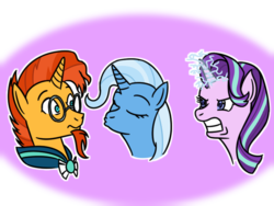 Size: 800x600 | Tagged: safe, artist:thescornfulreptilia, starlight glimmer, sunburst, trixie, pony, unicorn, g4, angry, dead mare walking, female, glowing horn, horn, inconvenient trixie, love triangle, male, ship:starburst, ship:trixburst, shipping, shipping war, straight, sunburst gets all the mares, teasing, this will end in death, this will end in pain, this will end in tears, this will end in tears and/or death, this will not end well