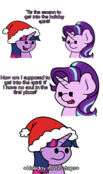 Size: 1920x3240 | Tagged: safe, artist:ljdamz1119, starlight glimmer, twilight sparkle, pony, unicorn, g4, atheism, beady eyes, christmas, comic, descriptive noise, dialogue, hat, hearth's warming, holiday, open mouth, santa hat, soulless, sound effects, twilight sparkle is not amused, unamused