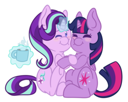 Size: 1500x1200 | Tagged: safe, artist:mimimoo123456789, artist:miss-arts-and-crafts, starlight glimmer, twilight sparkle, alicorn, pony, unicorn, blushing, chocolate, cuddling, cup, cute, eyes closed, female, food, glimmerbetes, glowing horn, hot chocolate, lesbian, levitation, magic, nuzzling, one eye closed, shipping, simple background, smiling, telekinesis, transparent background, twiabetes, twilight sparkle (alicorn), twistarlight