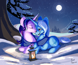 Size: 2800x2333 | Tagged: safe, artist:eeviart, starlight glimmer, trixie, pony, unicorn, clothes, duo, eyes closed, female, kissing, lantern, lesbian, lying down, mare, night, scarf, shipping, snow, startrix