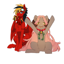 Size: 1400x1400 | Tagged: safe, artist:dagmell, artist:twotail813, oc, oc only, oc:luurei, oc:twotail, pegasus, pony, 2019 community collab, derpibooru community collaboration, rcf community, bell, duo, female, horns, plushie, simple background, sitting, transparent background