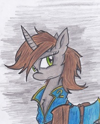 Size: 1753x2157 | Tagged: dead source, safe, artist:zubias, oc, oc only, oc:littlepip, pony, unicorn, fallout equestria, clothes, fanfic, fanfic art, female, horn, jumpsuit, mare, solo, traditional art, vault suit