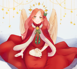 Size: 3393x3057 | Tagged: safe, artist:dagmell, fluttershy, human, rabbit, g4, beautiful, christmas, clothes, female, hair ornament, halo, head tilt, high res, holiday, humanized, looking at you, mantle, sitting, smiling, solo, winged humanization, wings