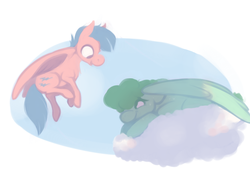 Size: 640x480 | Tagged: safe, artist:bananasmores, firefly, medley, pegasus, pony, g1, cloud, duo, flying, lying down, lying on a cloud, on a cloud