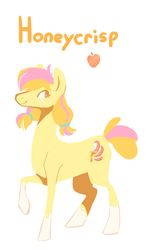 Size: 466x777 | Tagged: safe, artist:bananasmores, oc, oc only, oc:honeycrisp, earth pony, pony, appleshybomb, coat markings, female, magical lesbian spawn, mare, offspring, parent:applejack, parent:fluttershy, parents:appleshy, raised hoof, simple background, socks (coat markings), solo, white background