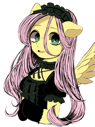 Size: 768x1024 | Tagged: dead source, safe, artist:mi_mi_mi_0820, fluttershy, anthro, arm hooves, bust, choker, clothes, dress, female, fluttergoth, gloves, gothic, gothic fluttershy, gothic lolita, headband, hooves together, looking at you, open mouth, ribbon, simple background, solo, spread wings, stray strand, three quarter view, white background, wings