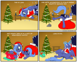 Size: 3040x2440 | Tagged: safe, artist:zoarvek, princess luna, alicorn, pony, g4, :p, christmas, clothes, comic, costume, dock, female, frog (hoof), high res, holiday, mare, merry christmas, s1 luna, santa costume, signature, solo, text, tongue out, trolluna, underhoof