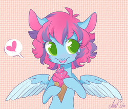 Size: 700x593 | Tagged: dead source, safe, artist:yourdailydoodles, oc, pegasus, pony, :p, abstract background, female, food, heart, hoof hold, ice cream, mare, no pupils, pictogram, signature, silly, speech bubble, tongue out