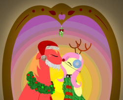 Size: 2879x2361 | Tagged: safe, anonymous artist, big macintosh, fluttershy, earth pony, pegasus, pony, series:fm holidays, g4, antlers, bell, bell collar, christmas, christmas lights, christmas sweater, christmas wreath, clothes, collar, earmuffs, eyes closed, fake beard, fake nose, female, hat, high res, holiday, kissing, lineless, male, mare, mistletoe, red nose, reindeer antlers, santa hat, ship:fluttermac, shipping, stallion, straight, sweater, wings, wreath