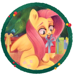 Size: 2480x2600 | Tagged: safe, artist:insedeacveritus, fluttershy, pegasus, pony, g4, christmas decoration, circle, female, frame, high res, looking at something, looking down, mare, mouth hold, present, sitting, solo, spread wings, wings