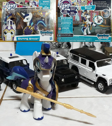 Size: 2800x3150 | Tagged: safe, artist:dingopatagonico, shining armor, pony, g4, car, guardians of harmony, high res, irl, lance, land rover, land rover defender, photo, solo, toy, weapon