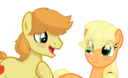 Size: 1024x632 | Tagged: safe, artist:sapphireartemis, applejack, braeburn, pony, g4, applecest, blushing, female, incest, male, missing accessory, ship:braejack, shipping, simple background, story included, straight, transparent background