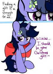 Size: 4000x5581 | Tagged: safe, artist:php142, oc, oc only, oc:purple flix, pony, unicorn, christmas, holiday, looking at you, male, mistletoe, ribbon, shy, sitting, solo, text