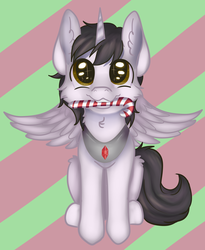 Size: 2712x3306 | Tagged: safe, artist:sparky, oc, oc:shiron, alicorn, pony, alicorn oc, candy, candy cane, christmas, food, hearth's warming, high res, holiday, horn, peytral, wings