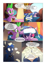 Size: 1024x1449 | Tagged: safe, artist:gashiboka, princess luna, spike, twilight sparkle, alicorn, dragon, pony, unicorn, comic:scar of solar, g4, bed, comic, diary, female, golden oaks library, magic, mare, pillow, telekinesis, this will end in tears and/or a journey to the moon, this will end in tears and/or a journey to the sun, this will not end well, unicorn twilight