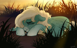 Size: 1280x787 | Tagged: safe, artist:rutkotka, oc, oc only, oc:icy heart, pegasus, pony, commission, crying, emotions, female, grass, mare, sadness, scenery, solo, sunrise, ych result