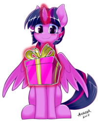 Size: 600x750 | Tagged: safe, artist:iloota, twilight sparkle, alicorn, pony, g4, christmas, cute, female, gift giving, glowing horn, holiday, horn, levitation, looking at you, magic, mare, outline, present, simple background, sitting, smiling, solo, spread wings, telekinesis, transparent background, twiabetes, twilight sparkle (alicorn), white outline, wings