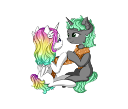 Size: 2800x2400 | Tagged: safe, artist:ctea_coffee, artist:desmond-deng, oc, oc only, oc:aurora twinkle, oc:rosecloud dreamy, alicorn, pony, unicorn, 2019 community collab, derpibooru community collaboration, alicorn oc, duo, eye contact, high res, looking at each other, simple background, sitting, smiling, transparent background