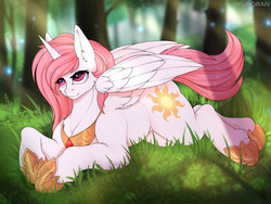 Size: 4000x3000 | Tagged: safe, artist:kuroran, princess celestia, alicorn, pony, rcf community, :3, cheek fluff, chest fluff, collar, crepuscular rays, cute, cutelestia, ear fluff, female, forest, grass, heart eyes, jewelry, lidded eyes, looking up, mare, missing accessory, nature, necklace, pink-mane celestia, prone, reflection, regalia, smiling, solo, spread wings, wing fluff, wingding eyes, wings