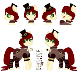 Size: 1500x1400 | Tagged: safe, artist:fulicioustm, artist:kookiebeatz, oc, oc only, oc:steam craft, earth pony, pony, base used, blushing, choker, clock, clothes, dress, eyes closed, female, hat, mare, open mouth, reference sheet, simple background, socks, solo, steampunk, striped socks, top hat, white background