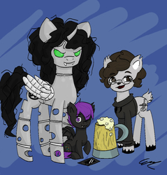 Size: 915x957 | Tagged: source needed, useless source url, safe, artist:emss9, oc, oc only, oc:embot, oc:onyx, oc:volt, pony, robot, robot pony, 80s hair, alcohol, beer, ipad, volkswagen, white changeling