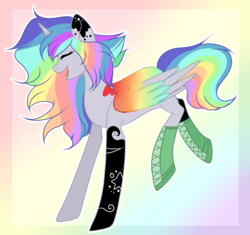 Size: 1948x1828 | Tagged: safe, artist:northlis, oc, oc only, oc:pastel chole, alicorn, pony, abstract background, alicorn oc, boots, commission, cute, eyes closed, female, freckles, mare, multicolored hair, open mouth, rainbow hair, raised hoof, shoes, solo, tattoo