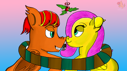 Size: 1920x1080 | Tagged: safe, artist:blazing-warrior-19, fluttershy, oc, oc:digi citrus, pegasus, pony, g4, boop, christmas, clothes, digishy, hearth's warming, holiday, holly, holly mistaken for mistletoe, scarf, shared clothing, shared scarf, shipping, together