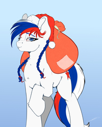 Size: 1800x2250 | Tagged: safe, artist:skitsroom, oc, oc only, oc:marussia, pony, bag, braid, christmas, female, gradient background, hat, holiday, mare, nation ponies, raised hoof, russia, santa hat, santa sack, smiling, solo