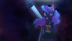 Size: 1920x1080 | Tagged: safe, artist:hierozaki, princess luna, alicorn, pony, semi-anthro, g4, adorkable, arm hooves, book, bow, cute, dork, female, glasses, hair bow, lunabetes, mare, smiling, solo, stars, telescope, younger