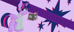Size: 4998x2175 | Tagged: safe, artist:fearvirus, twilight sparkle, alicorn, pony, g4, alternate hairstyle, book, clothes, female, glasses, shirt, solo, twilight sparkle (alicorn), wallpaper