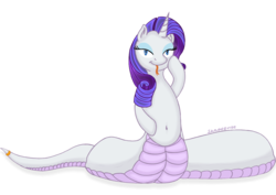 Size: 1216x861 | Tagged: safe, artist:devittshao, rarity, lamia, original species, g4, female, forked tongue, lamiafied, lamity, solo, species swap, tail ring, tongue out