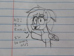 Size: 2576x1932 | Tagged: safe, artist:drheartdoodles, oc, oc only, oc:emerald beats, pegasus, pony, dialogue, doodle, female, filly, grayscale, greetings, happy, lined paper, monochrome, sketch, smol, solo, traditional art