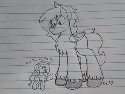 Size: 2576x1932 | Tagged: safe, artist:drheartdoodles, oc, oc:dr.heart, oc:emerald beats, clydesdale, pegasus, pony, daughter, duo, family, father, father and daughter, female, filly, grayscale, lined paper, male, monochrome, o3o, size difference, traditional art