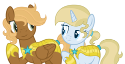 Size: 2076x1075 | Tagged: safe, artist:joystick12, oc, oc:hunter, oc:mistic gem, offspring, parent:prince blueblood, parent:trixie, parents:bluetrix, royal guard