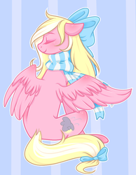 Size: 700x900 | Tagged: safe, artist:kannakiller, oc, oc only, oc:bay breeze, pegasus, pony, abstract background, blushing, bow, clothes, cute, eyes closed, female, hair bow, mare, scarf, simple background, tail bow, ych result