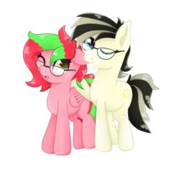 Size: 2100x2100 | Tagged: safe, artist:rivin177, oc, oc:bastian lawrenz, oc:sakura la vie roses, earth pony, pony, 2019 community collab, derpibooru community collaboration, female, folded wings, glasses, high res, male, mare, open mouth, simple background, stallion, standing, transparent background