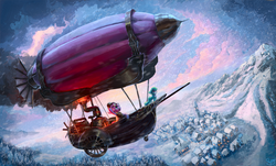Size: 2000x1206 | Tagged: safe, artist:nemo2d, oc, oc only, oc:gizmo, oc:precious metal, pony, airship, female, hat, mare, scenery, scenery porn, smiling, snow, steampunk, top hat, town, wheel