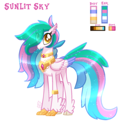 Size: 1189x1165 | Tagged: safe, artist:sugaryicecreammlp, oc, oc only, oc:sunlit sky, classical hippogriff, hippogriff, hybrid, cloven hooves, eye clipping through hair, female, hair over one eye, hippogriff hybrid, interspecies offspring, leg rings, offspring, parent:princess celestia, parent:sky beak, reference sheet, simple background, solo, transparent background